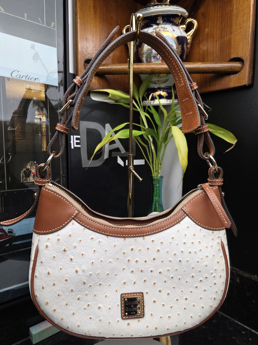 Dooney & Bourke White Ostrich-Embossed Hobo Bag with Brown Trim
